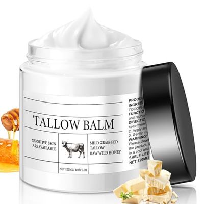 Organic Grass-Fed Beef Tallow For Skin, Whipped Tallow And Honey Balm Beef Tallow Moisturizer, Deep Moisturizing For Face Cream, Unscented- Natural Skin Care for Sensitive Skin(4 Fl. Oz.)(White, 1PC)