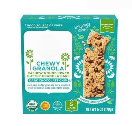 Chewy Granola Cashew Sunflower Butter Granola Bars Dark Chocolate Chip, Kids Snack Snacking Healthy Food Treat, 6oz Simply Truth Organic Box