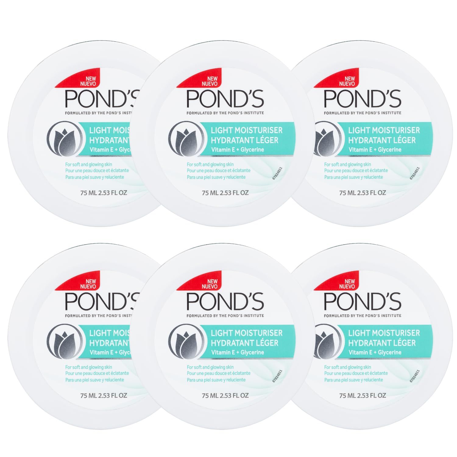 Pond&#39;s Light Moisturizer Cream, For Soft and Glowing Skin, Vitamin E, 6-Pack of 2.53 Fl Oz Each