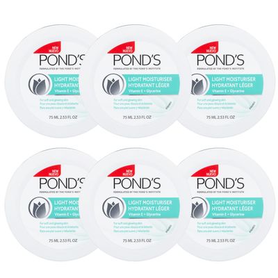 Pond&#39;s Light Moisturizer Cream, For Soft and Glowing Skin, Vitamin E, 6-Pack of 2.53 Fl Oz Each