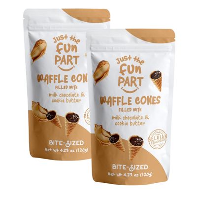 Just The Fun Part Bite-Size Crispy Mini Waffle Cones Filled With Premium Belgian Chocolate Great For Snacks, Desserts, Grab Go Kosher 4.23 Ounce (Pack of 2, Cookie Butter, Milk Chocolate)