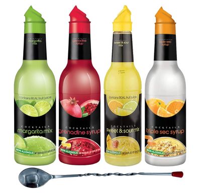 Bartender Basics Combo - Triple Sec, Sweet Sour, Grenadine, Lime Juice - 1L (1000mL) of Each, and 1 Bonus Bartender Mixing Spoon