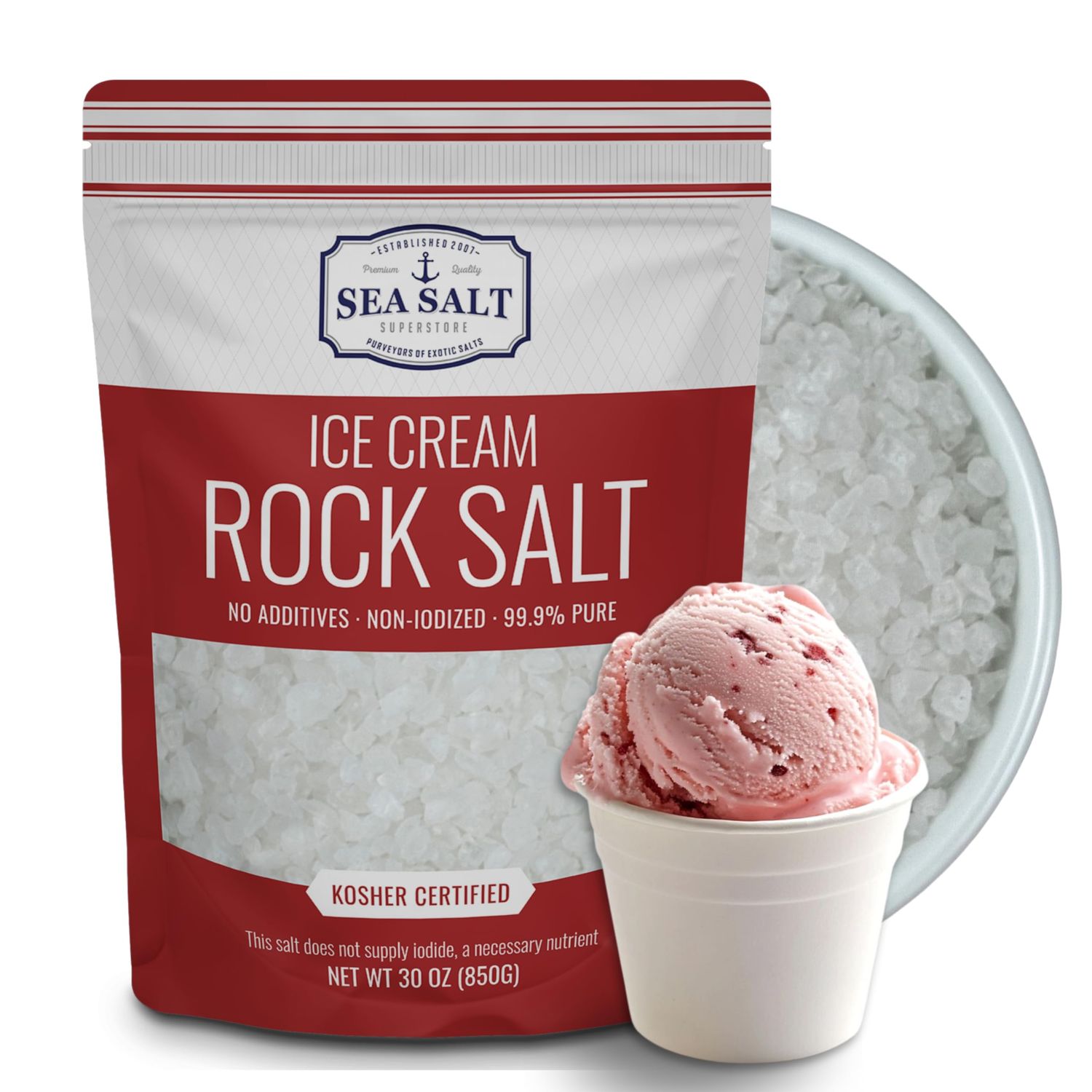 Ice Cream Salt, Rock Salt for Ice Cream Making, Universally Compatible Coarse Sea Salt and Non-Iodized Salt for All Ice Cream Maker, 30 oz Bag, Sea Salt Superstore