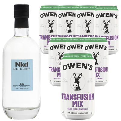 Nkd Distillery Gin Alternative Premium Non-Alcoholic Spirit 750 ML Bottles w Owen s Mixers Transfusion Mix 8.2 OZ Cans - Perfect for Mocktails - Made in USA