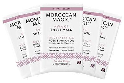 Moroccan Magic Awake Sheet Mask Bulgarian Rose Scented Argan Oil Infused Clean Beauty Paraben-Free Synthetic Fragrance Free Vegan Cruelty-Free 5 Pack