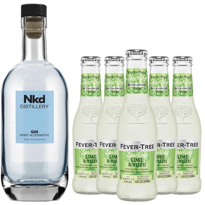 Nkd Distillery Gin Alternative Premium Non-Alcoholic Spirit - Zero Alcohol - With Fever Tree Lime and Yuzu [ 5 Pack ]