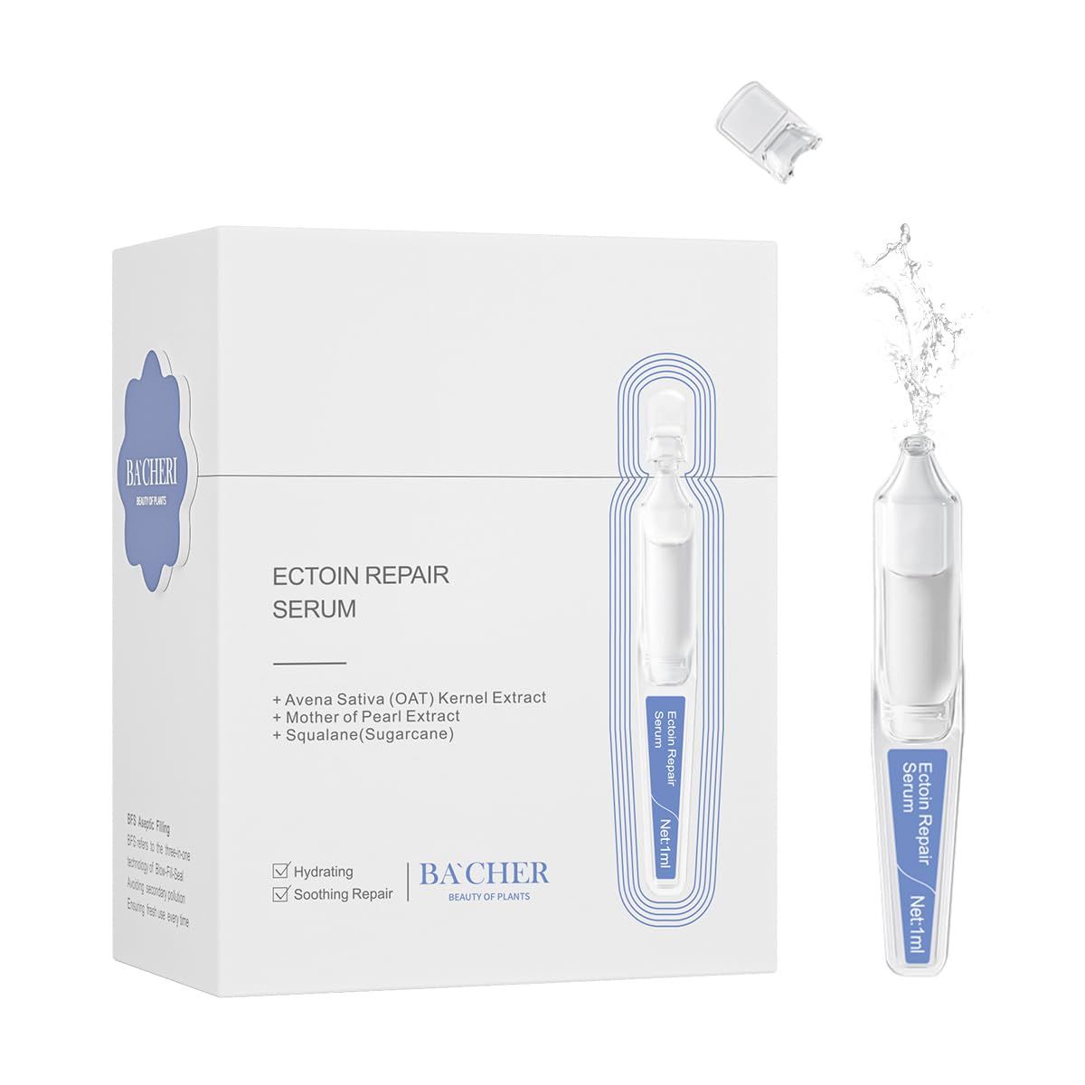 BACHERI Ectoin Repair Face Serum Ampoules 15 PcsBox - Deep Moisture Anti-Aging Serum with Beta-Glucan, Glycerin, and Hyaluronic Acid - Hydration, Soothes Protects All Skin