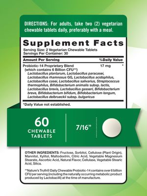 Nature's Truth Probiotic Chewable for Men and Women 6 Billion CFU 60 Count 14 Strains Berry Flavor Non-GMO Gluten Free