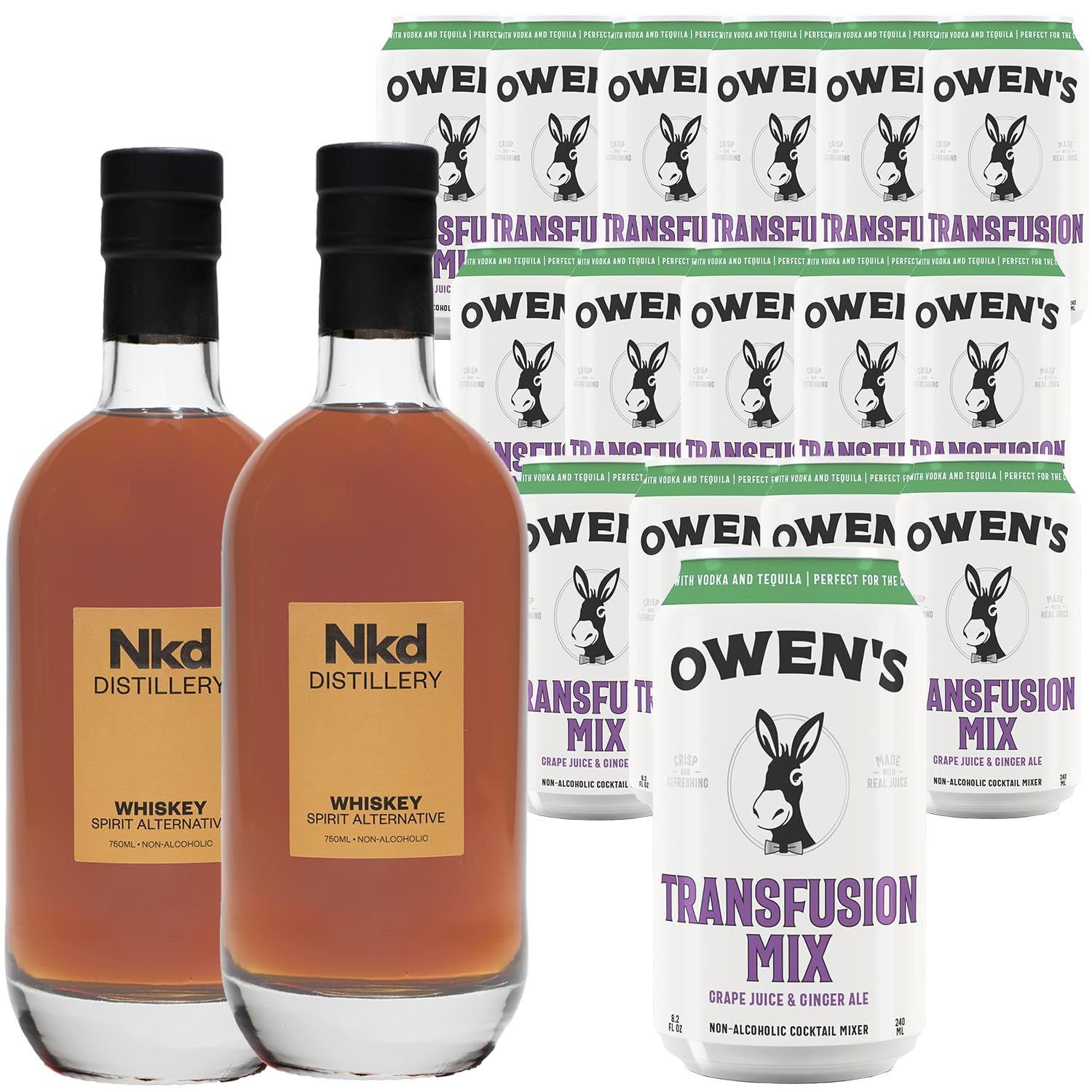 Nkd Distillery Whiskey Alternative Premium Non-Alcoholic Spirit 750 ML Bottles w Owen s Mixers Transfusion Mix 8.2 OZ Cans - Perfect for Mocktails - Made in USA