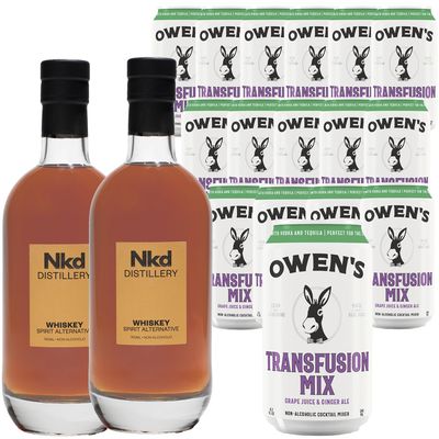 Nkd Distillery Whiskey Alternative Premium Non-Alcoholic Spirit 750 ML Bottles w Owen s Mixers Transfusion Mix 8.2 OZ Cans - Perfect for Mocktails - Made in USA