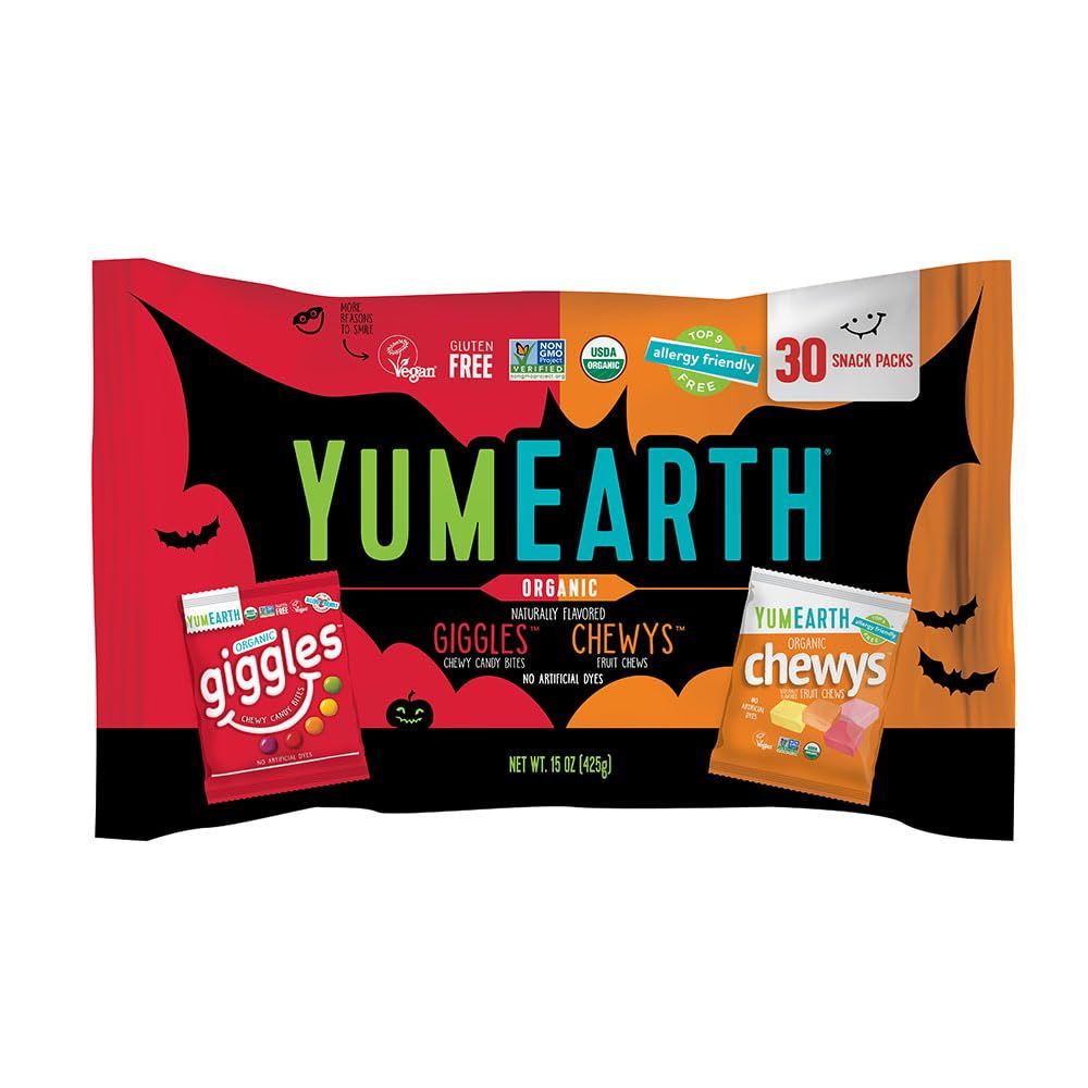 YumEarth Organic Halloween Giggles and Chewys Candy Variety Bag - Allergy Friendly (Top 9 Free), No Artificial Dyes or Flavors, Non GMO, Gluten Free, Vegan Candy Snacks - 15 oz (Pack of 30)