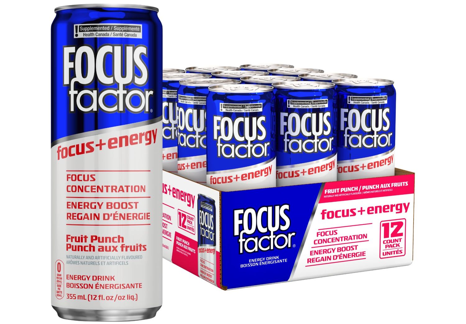 Focus Factor Energy Drink - 12 x 355ml Cans (Fruit Punch Flavour) - with Focus Energy - Lightly Carbonated, Sugar Free, Low Calorie with Vitamin B6 Vitamin B12