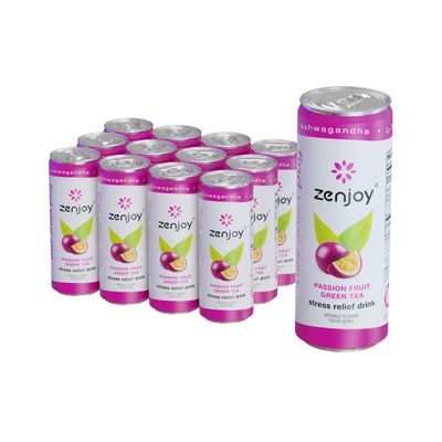 Zenjoy Stress Relief Drink, Calming Green Tea, Non Alcoholic, Ashwagandha Lemon Balm for Anxiety Relief, L - Theanine for Focus (12 Pack) (Passion Fruit)