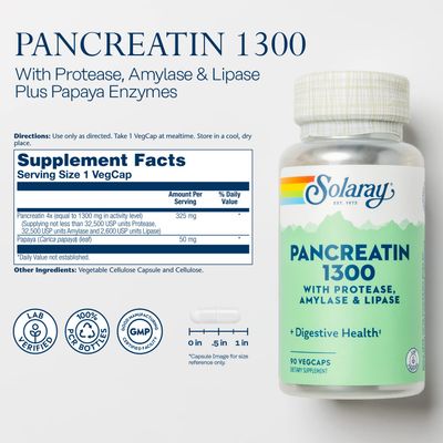 SOLARAY Pancreatin Supplement, 1300 mg, 90 Count