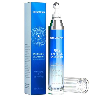 Hicream Eye Cream with 5 Caffeine Hyaluronic Acid for Puffy, Fine Lines, Dark Circles and Wrinkles, Under Eye Serum with 360 Roller Massage Ball, Eyelids Skin Care for Women Men, 0.5 fl. oz