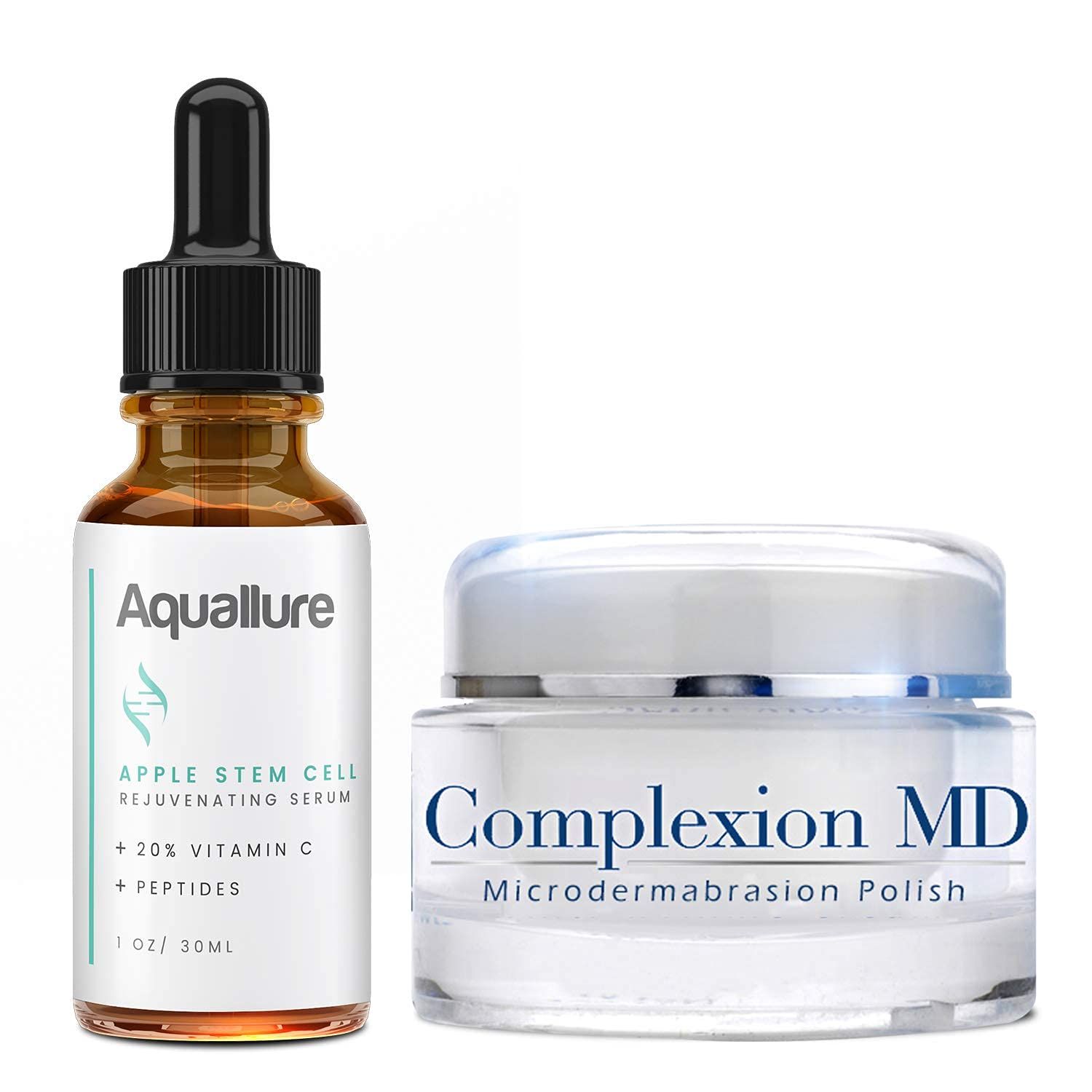 Complexion MD Exfoliating Face Scrub (1.69 oz) - Aquallure Apple Stem Cell Rejuvenating Serum (1 oz) - Anti Aging - Pore Refining Microdermabrasion - Green Tea, Peptides Hyaluronic Acid (2 items)