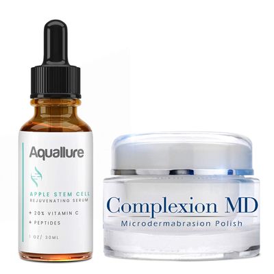 Complexion MD Exfoliating Face Scrub (1.69 oz) - Aquallure Apple Stem Cell Rejuvenating Serum (1 oz) - Anti Aging - Pore Refining Microdermabrasion - Green Tea, Peptides Hyaluronic Acid (2 items)