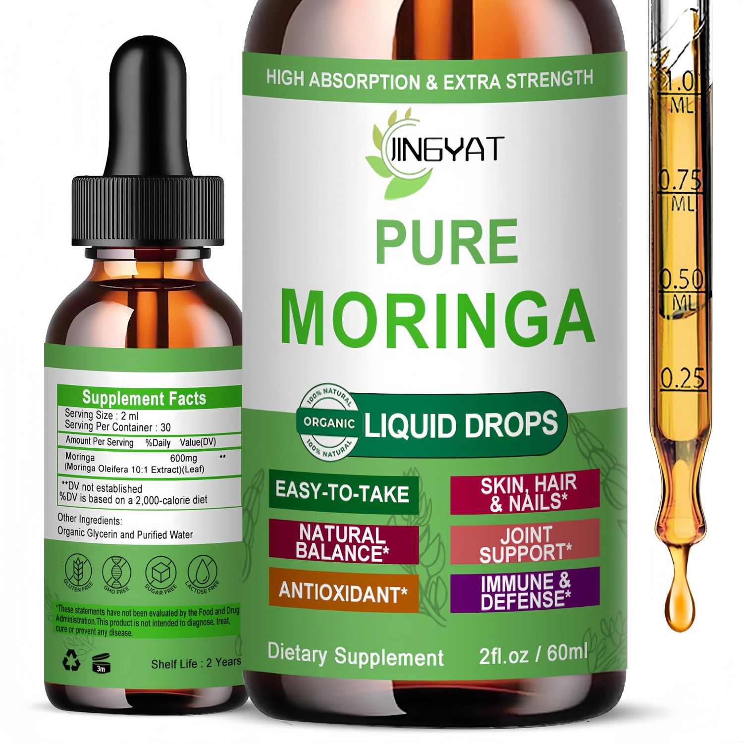 Pure Moringa Liquid Drops, Organic Moringa Oleifera Leaf Extract Liquid for Energy, Metabolism and Immune Support, High Absorption Green Superfood Supplement Than Powder Capsules,Non GMO