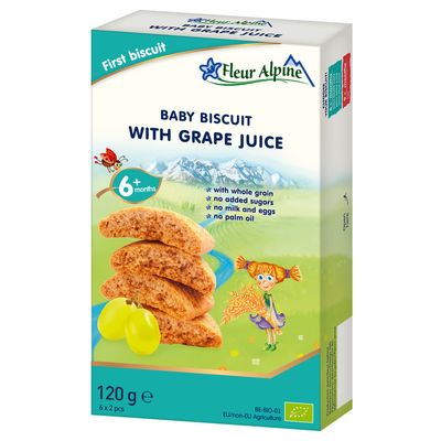 Fleur Alpine Baby Biscuits With Grape Juice - 6x2 Yummy Organic Baby Snacks for Delicious Smooth Breakfast Porridge Or Daytime Snack Easy Whole Grain Snack Biscuits with No Added Sugar 6 Mths