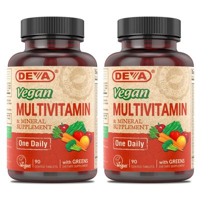DEVA Vegan Multivitamin Mineral Supplement with Iron 2-Pack, Spirulina, Chlorella, Ashwagandha, Broccoli More, 90 Coated Tablets Each