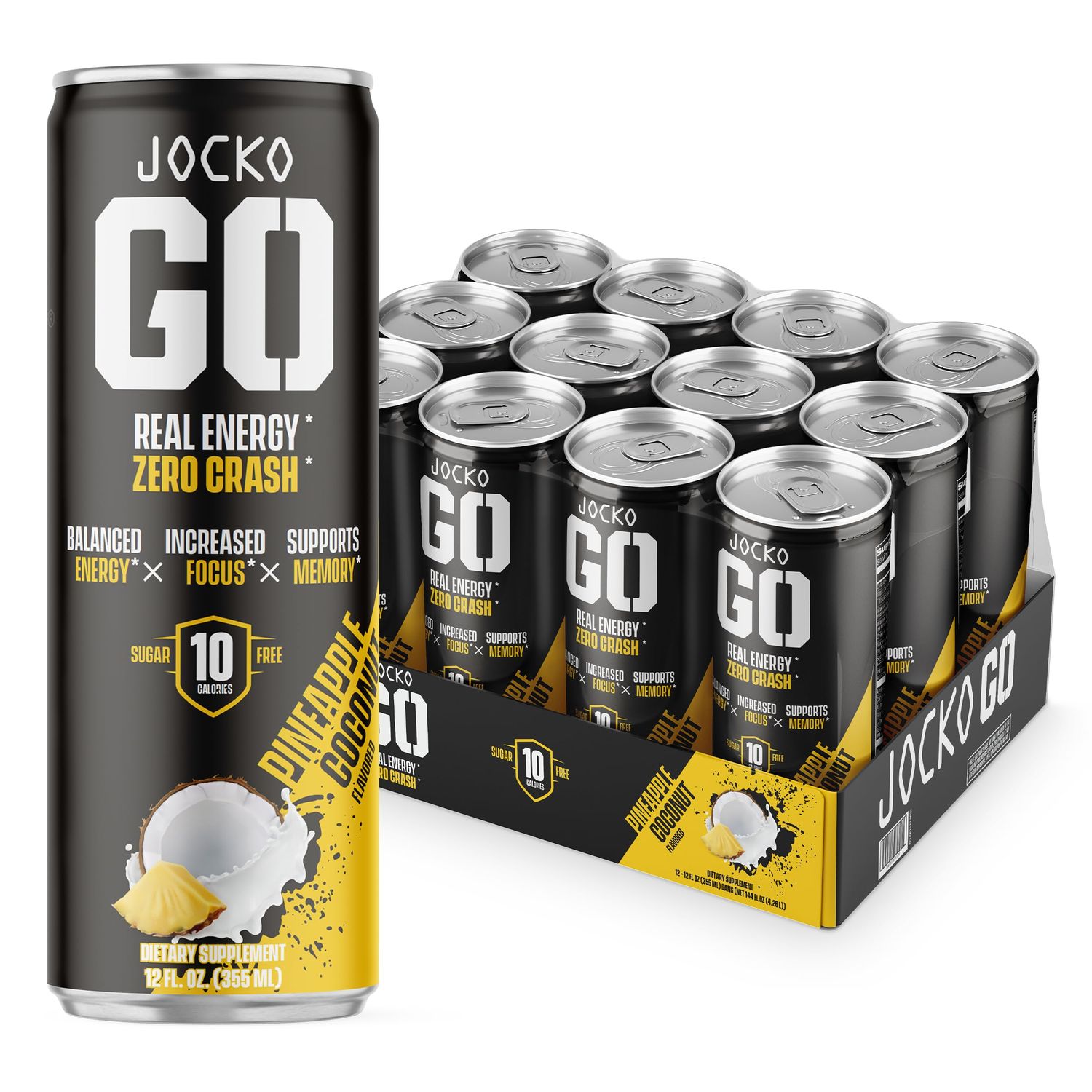 Jocko GO Energy Drink - KETO, Vitamin B12, Vitamin B6, Electrolytes, L Theanine, Magnesium- Energy Boost, Sugar Free Nootropic Monk Fruit Blend - 12 Pack (Pineapple Coconut)