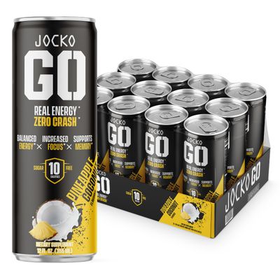 Jocko GO Energy Drink - KETO, Vitamin B12, Vitamin B6, Electrolytes, L Theanine, Magnesium- Energy Boost, Sugar Free Nootropic Monk Fruit Blend - 12 Pack (Pineapple Coconut)