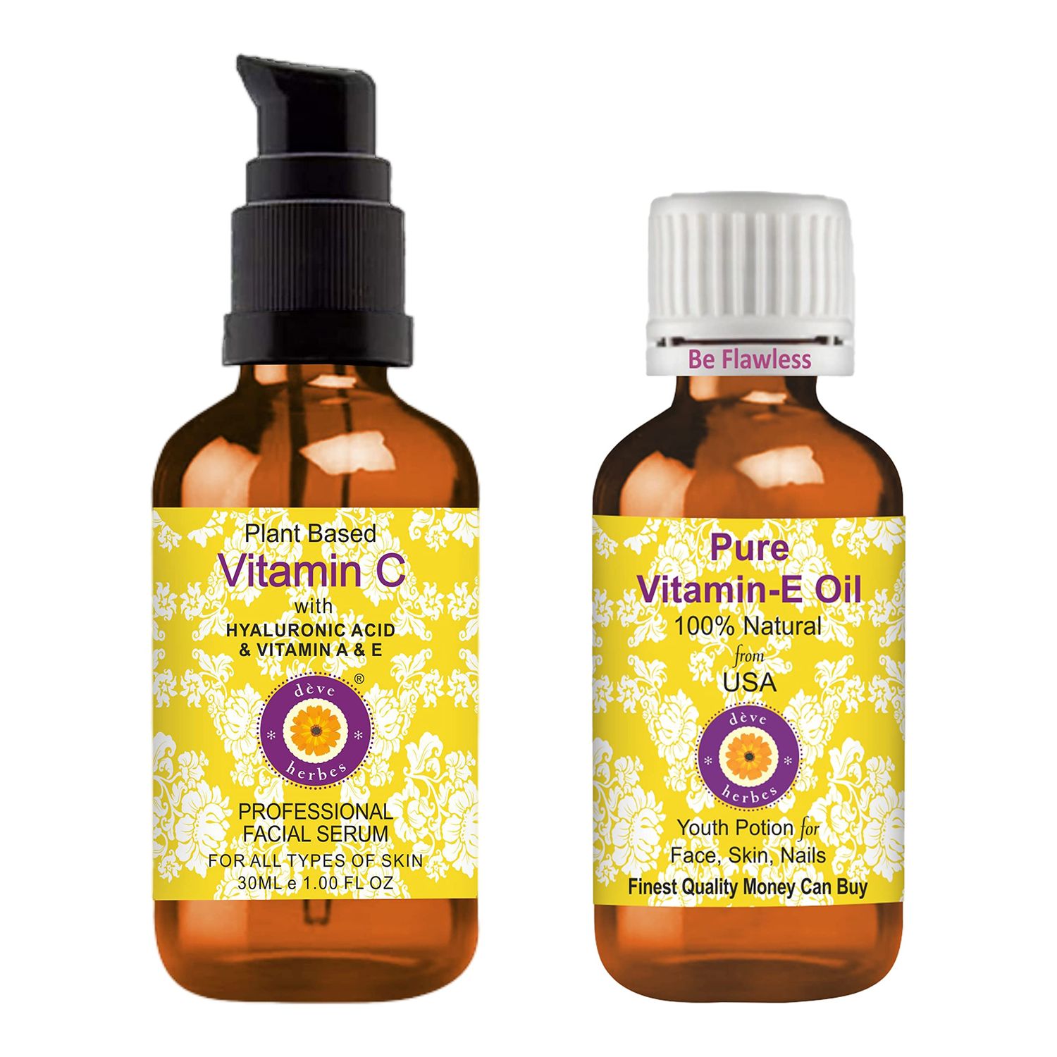 Deve Herbes Plant Based Vitamin C Face Serum with Hyaluronic Acid Vitamin A E for Personal Care 30ml (1 oz) Pure Vitamin E Oil 30ml (1 oz)