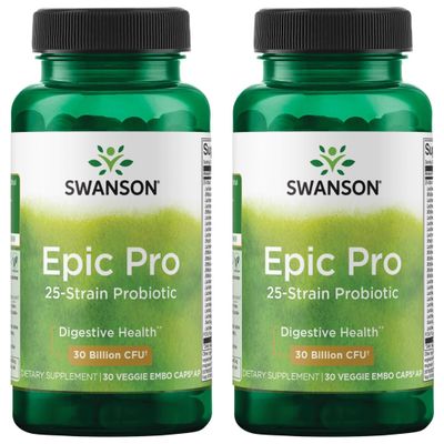 Swanson Epic-Pro 25-Strain Probiotic 30 Billion CFU Digestive Health Immune System Support Prebiotic Nutraflora FOS 30 DRcaps Veggie Capsules (Caps) (2 Pack)