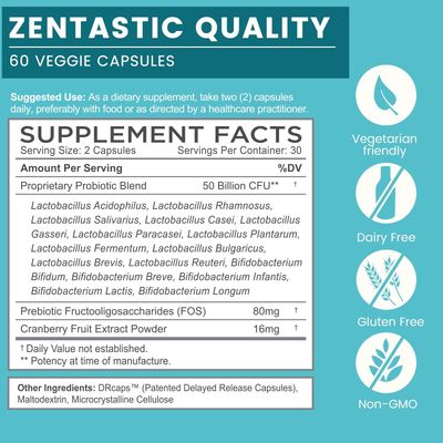 Zentastic Probiotics Prebiotics Supplement - 50 Billion CFU - for Men Women s Immune Digestive Health - 16 Strains - Shelf Stable - 60 Delayed Release Veggie Capsules