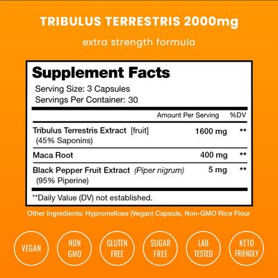 NutraChamps Tribulus Terrestris for Men, 2000mg Supplement Booster for Energy, Vitality, Stamina Performance, Extra Strength Saponins, 90 Vegan Capsules