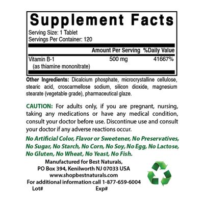 Best Naturals Vitamin B1 as Thiamine Mononitrate 500 mg 120 Tablets (120 Count (Pack of 3))