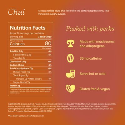 Clevr Blends Chai Tea Latte, Instant Tea, Superfood Powder Blend with Oat Milk, Lions Mane, Reishi Mushroom, Black Tea, Organic Spices, Coconut Cream, Ashwagandha, Oprah s Favorite Things 2022, 12 oz