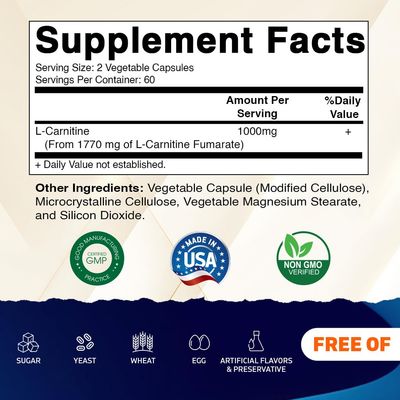 Vitamatic L-Carnitine Fumarate 1000 mg - 120 Vegetable Capsules (2 Bottles)