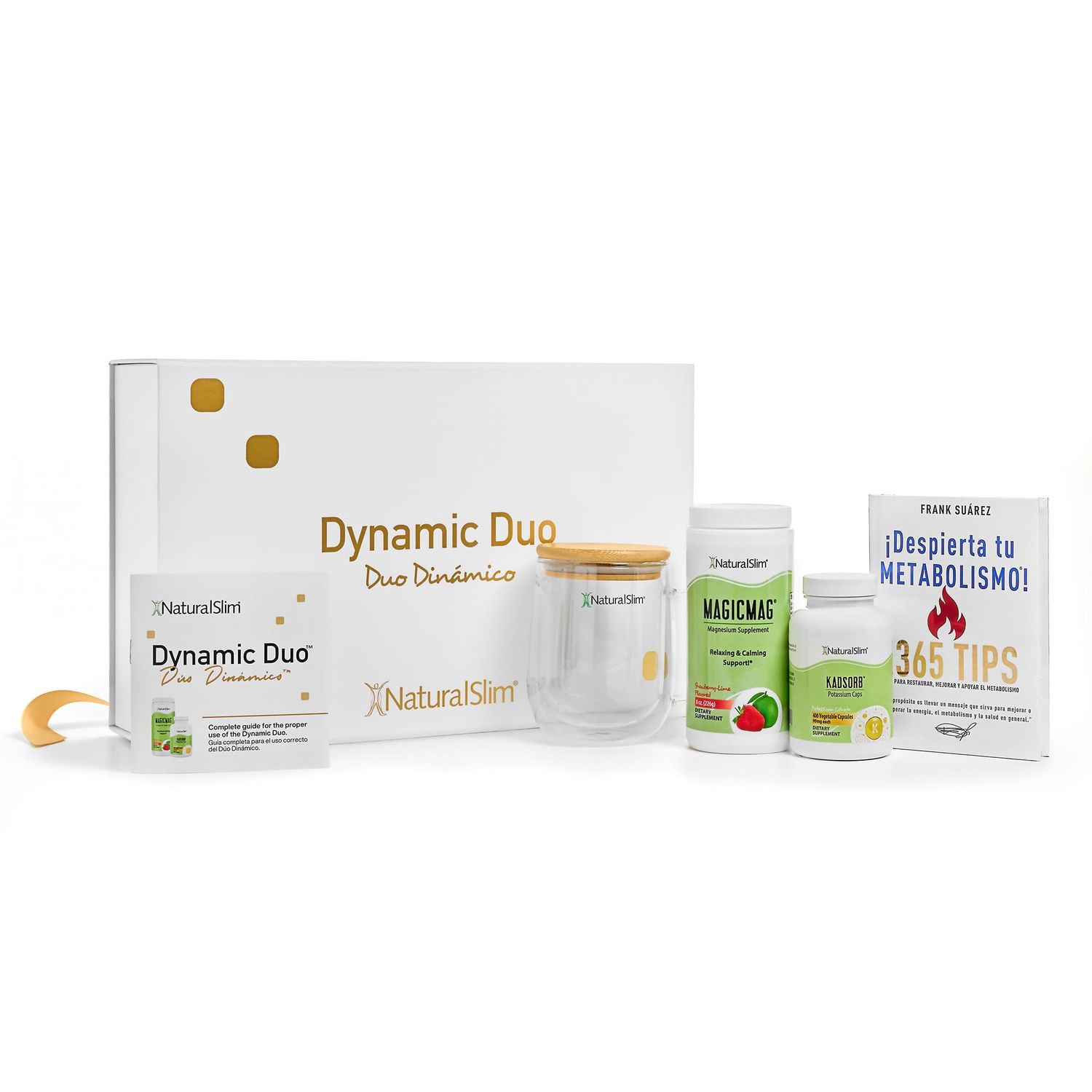NaturalSlim Dynamic Duo Gift Set - Bundle of MagicMag Magnesium Powder, Kadsorb Potassium Caps, Despierta tu Metabolismo! Book, Double Glass Mug, Premium Gift Box with Information Leaflet