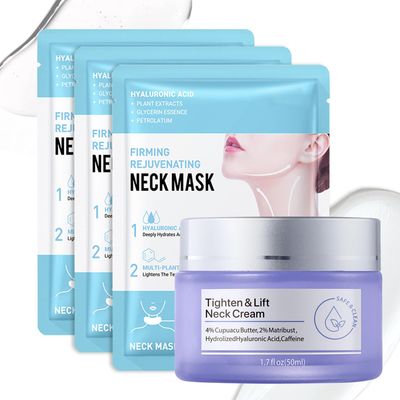 LingHaoLH Neck Firming Cream and Neck Mask Set,Non-greasy Tighten Lift Firming Face Cream Skincare Moisturizer, 3 Pieces Deep Moisturizing Masks for Tightening, All Skin Type, 4 Pack