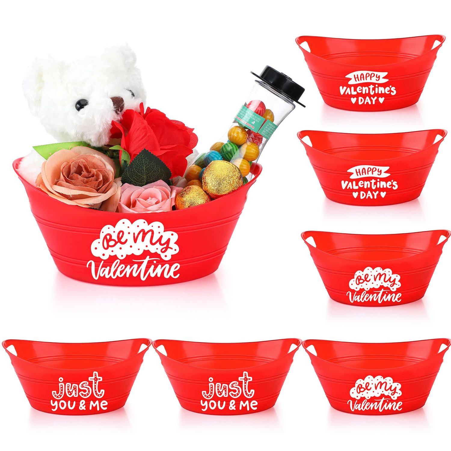 Menkxi 6 Pcs Valentine s Day Gift Basket Red Empty Plastic Oval Gift Basket with Handles Storage Candy Chocolate Toy for Valentine s Day Wedding Birthday Party Supplies