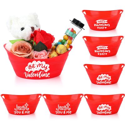 Menkxi 6 Pcs Valentine s Day Gift Basket Red Empty Plastic Oval Gift Basket with Handles Storage Candy Chocolate Toy for Valentine s Day Wedding Birthday Party Supplies