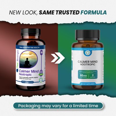 TrueMed Calmer Mind Nootropic Ashwagandha, GABA, L-Theanine, Magnesium Melatonin - Supports Focus, Productivity, Creativity Cognitive Function - Calmness Mood Support - 60 Vegetable Capsules