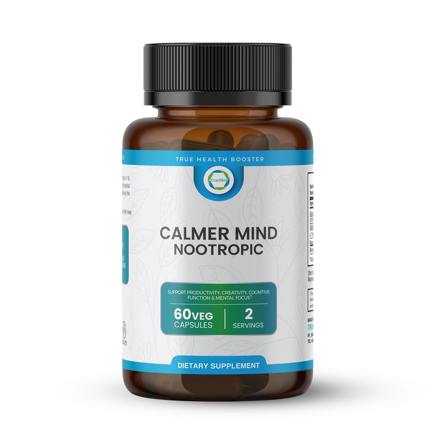 TrueMed Calmer Mind Nootropic Ashwagandha, GABA, L-Theanine, Magnesium Melatonin - Supports Focus, Productivity, Creativity Cognitive Function - Calmness Mood Support - 60 Vegetable Capsules