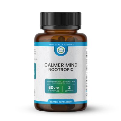 TrueMed Calmer Mind Nootropic Ashwagandha, GABA, L-Theanine, Magnesium Melatonin - Supports Focus, Productivity, Creativity Cognitive Function - Calmness Mood Support - 60 Vegetable Capsules