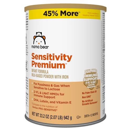 Amazon Brand - Mama Bear Sensitivity Premium Infant Formula Powder with Iron, Dual HMOs for Immune Support, Non-GMO, for Fussiness and Gas Due to Lactose Sensitivity, 2.07 Pound (Pack of 1)
