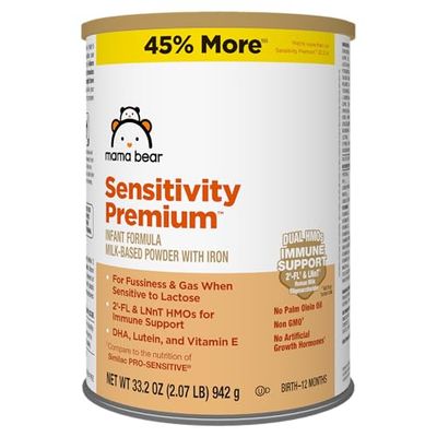 Amazon Brand - Mama Bear Sensitivity Premium Infant Formula Powder with Iron, Dual HMOs for Immune Support, Non-GMO, for Fussiness and Gas Due to Lactose Sensitivity, 2.07 Pound (Pack of 1)