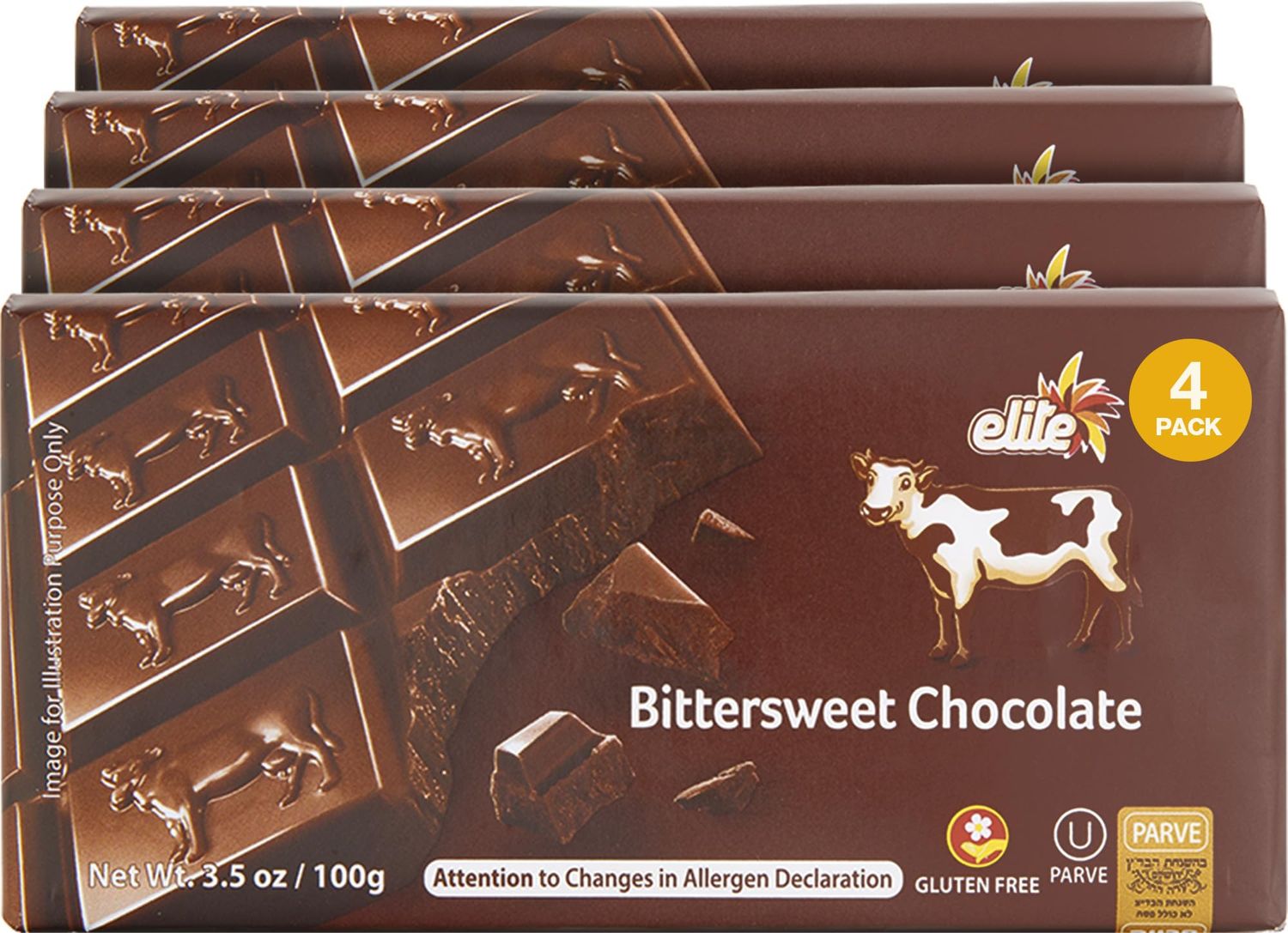 Elite Bittersweet Chocolate Bars, 3.5 oz (4 Pack) Smooth Creamy Premium Rich Dark Chocolate Dairy Free Gluten-Free Product of Israel