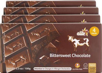 Elite Bittersweet Chocolate Bars, 3.5 oz (4 Pack) Smooth Creamy Premium Rich Dark Chocolate Dairy Free Gluten-Free Product of Israel