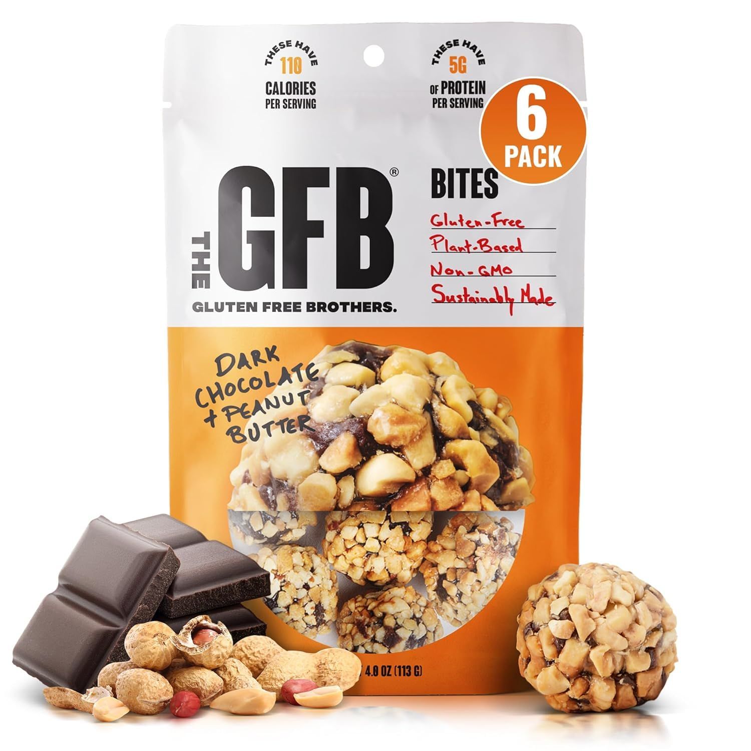 The Gluten Free Brothers Dark Chocolate Peanut Butter Bites - Gluten Free Protein Balls - Non GMO, Soy Free, Vegan - Snack Size Plant Based Protein Energy Balls, 4 oz (6 Count)