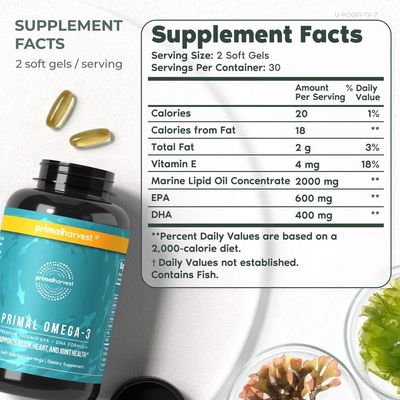 Primal Harvest Omega 3 Fish Oil Supplements, 30 Servings Soft Gels Capsules w 1000mg EPA DHA Supplements, No Fishy Burps Non-GMO Omega 3 Fatty Acid