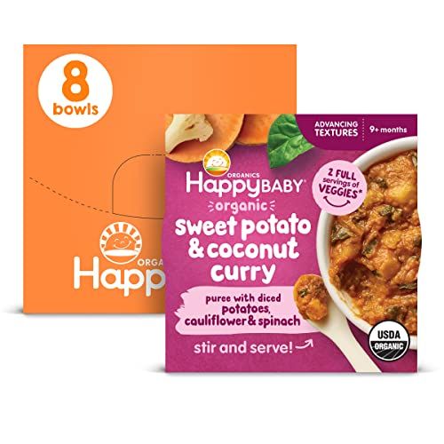 Happy Baby Organics Baby Food, Advancing Textures Bowl Sweet Potato Coconut Curry Puree with Diced Potatoes, Cauliflower Spinach, 4 Oz (Pack of 8)