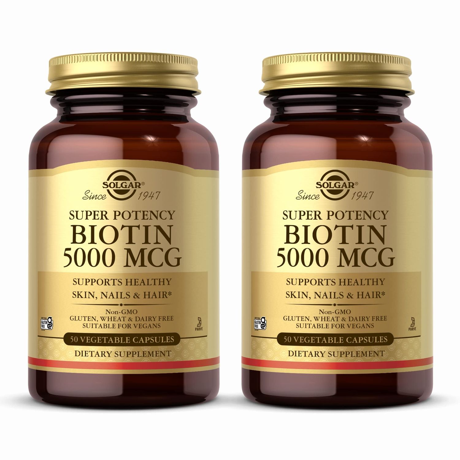 SOLGAR Biotin 5000 mcg - 50 Vegetable Capsules, Pack of 2 - Supports Healthy Skin, Nails Hair - Non-GMO, Vegan, Gluten Free, Dairy Free, Kosher - 100 Total Servings