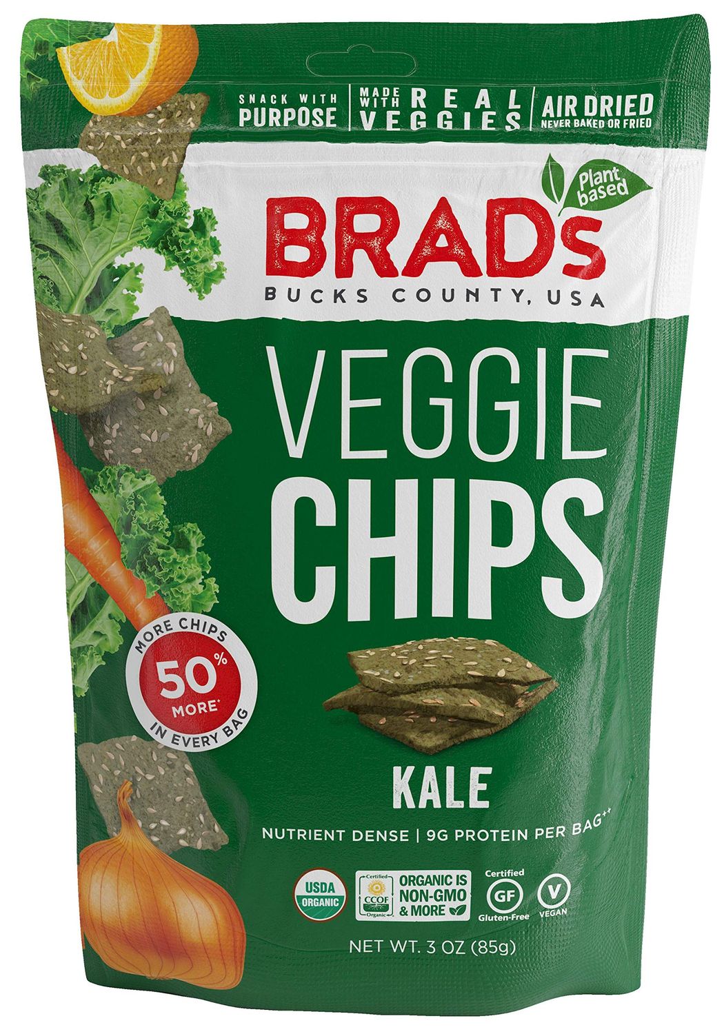 Brad&#39;s Plant Based Organic Kale Veggie Chips 3 oz Bags - Pack of 3