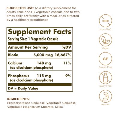 SOLGAR Biotin 5000 mcg - 50 Vegetable Capsules, Pack of 2 - Supports Healthy Skin, Nails Hair - Non-GMO, Vegan, Gluten Free, Dairy Free, Kosher - 100 Total Servings
